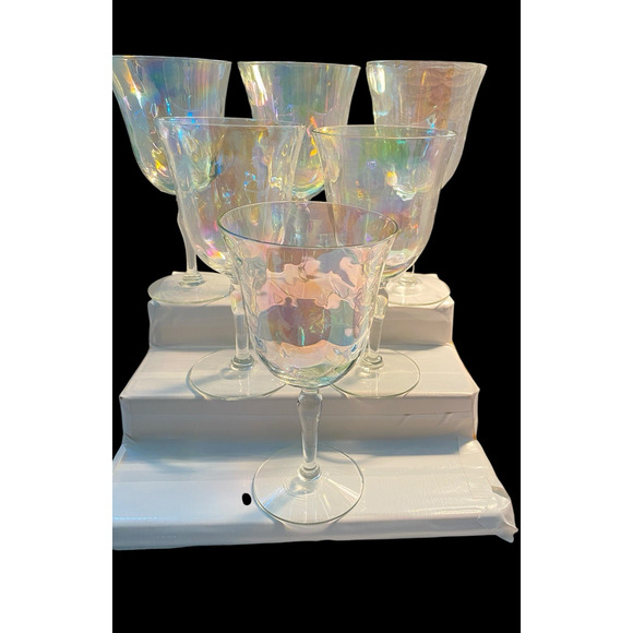 6 Fostoria Crystal Pearl Shell Iridescent Wine Glasses Loop Optics - Picture 8 of 15